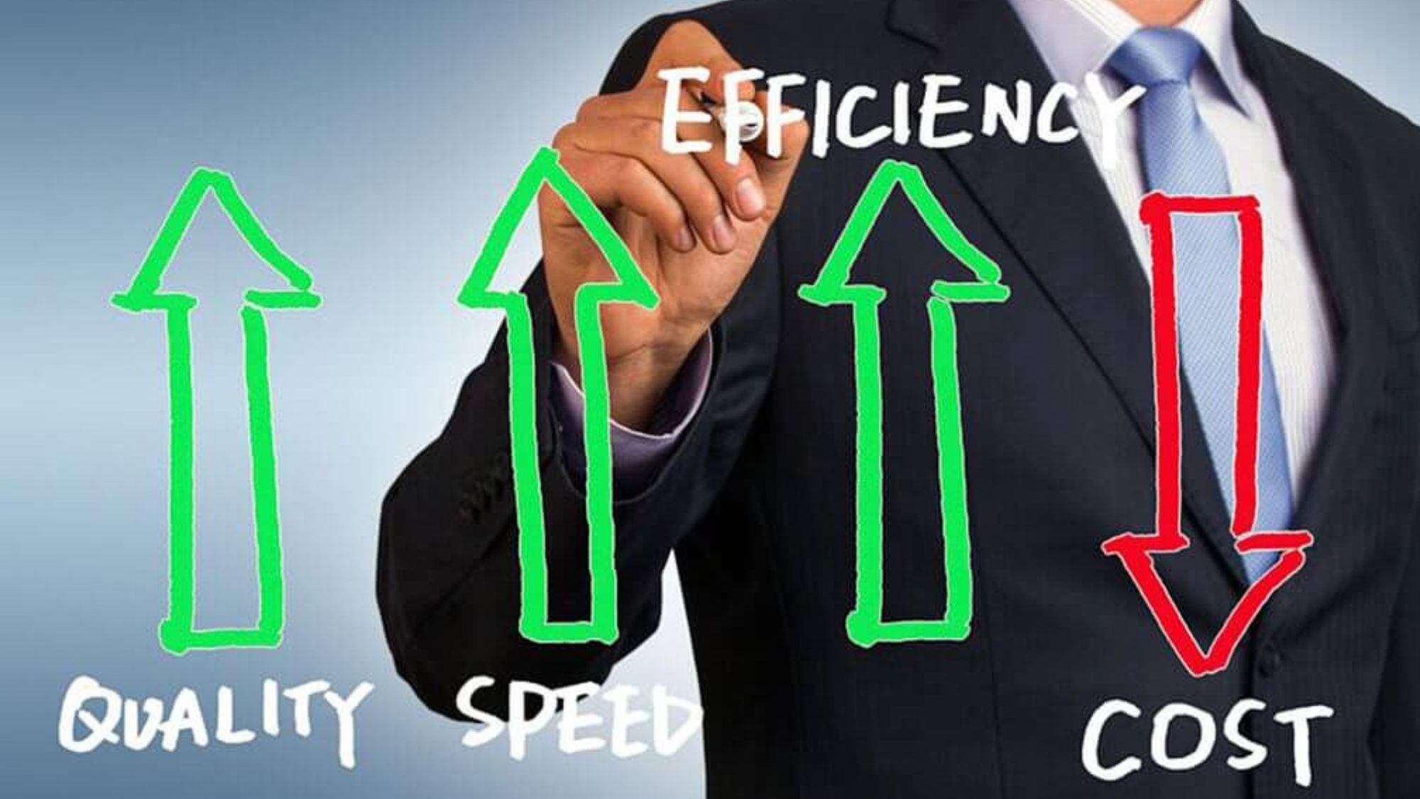 A businessman pointing to arrows representing efficiency and reducing maintenance costs by using Taylor equipment
