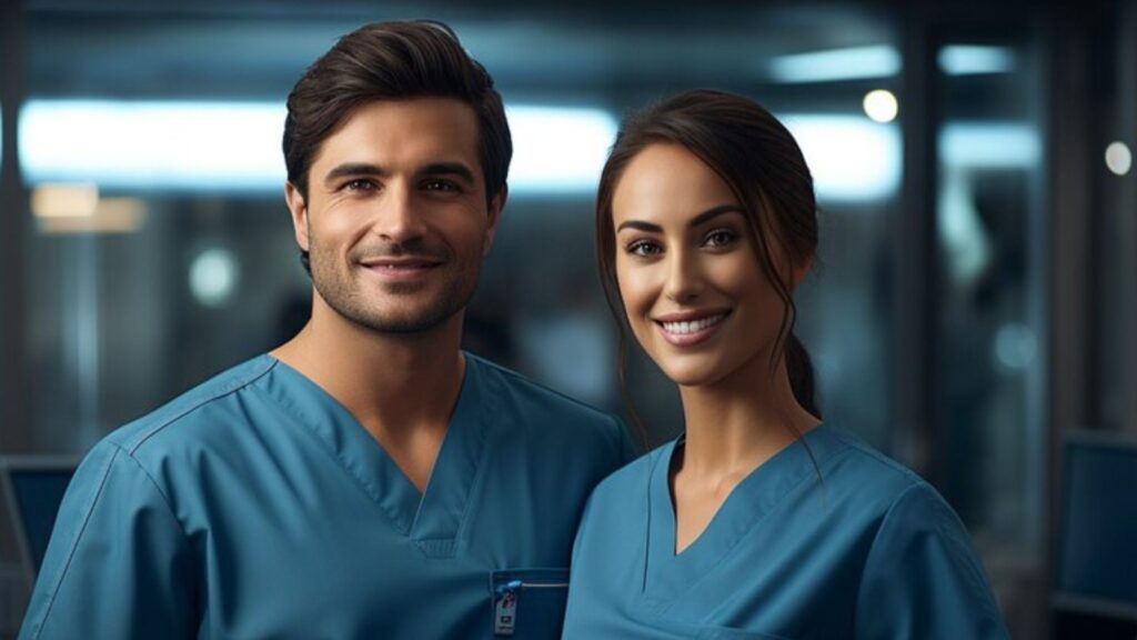 A healthcare professional couple standing in style