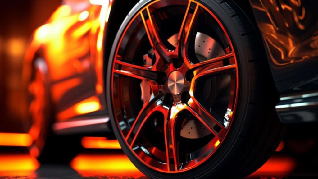 Close-up of car wheel with orange lights illuminating the spokes symbolizing car tuning